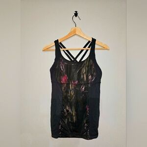 Lululemon Womens Black / Floral Tank Top  Mesh Crisscross Straps, Size 6